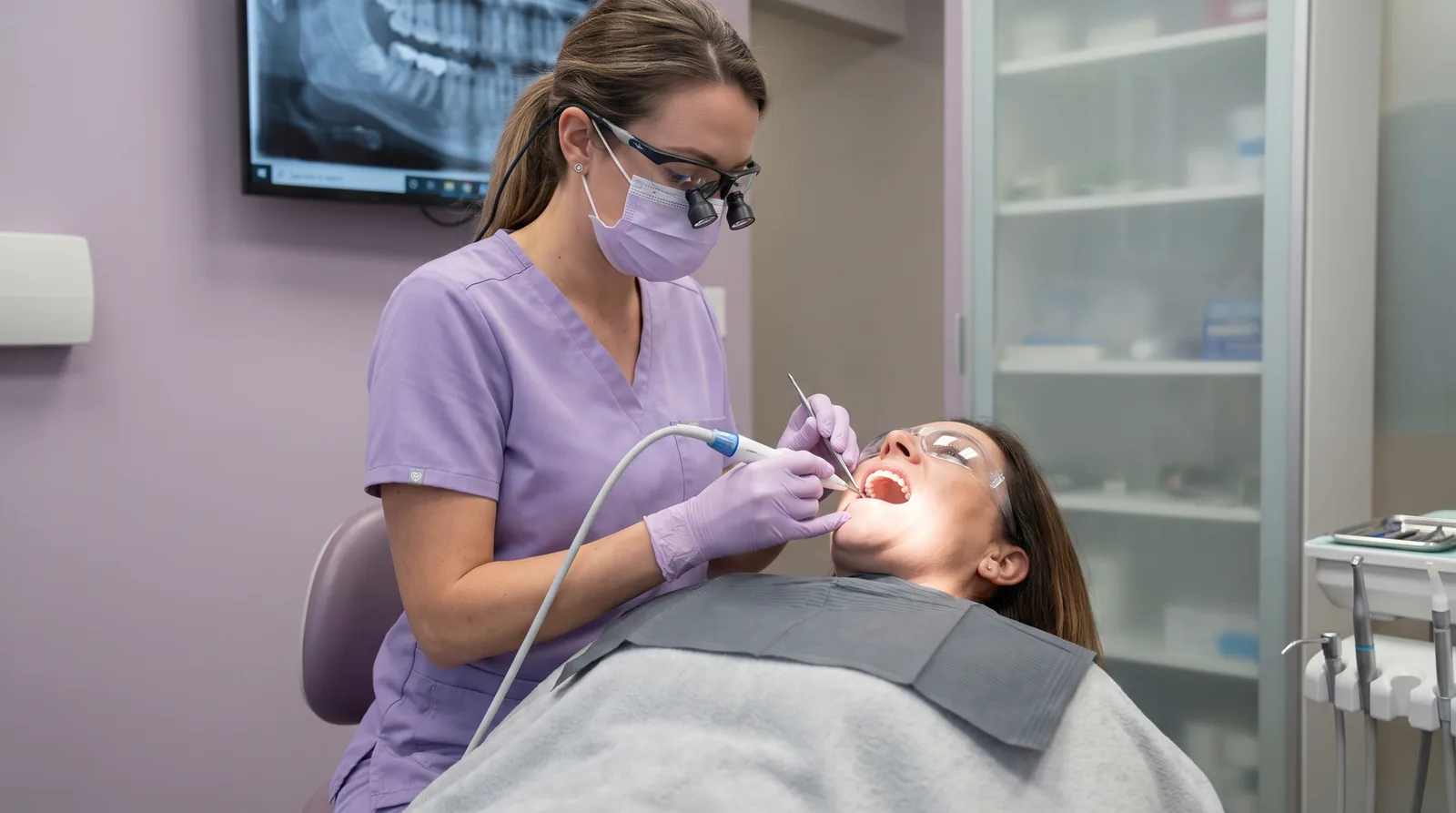 Dental hygienist performing a professional cleaning on a patient with a full-arch implant bridge