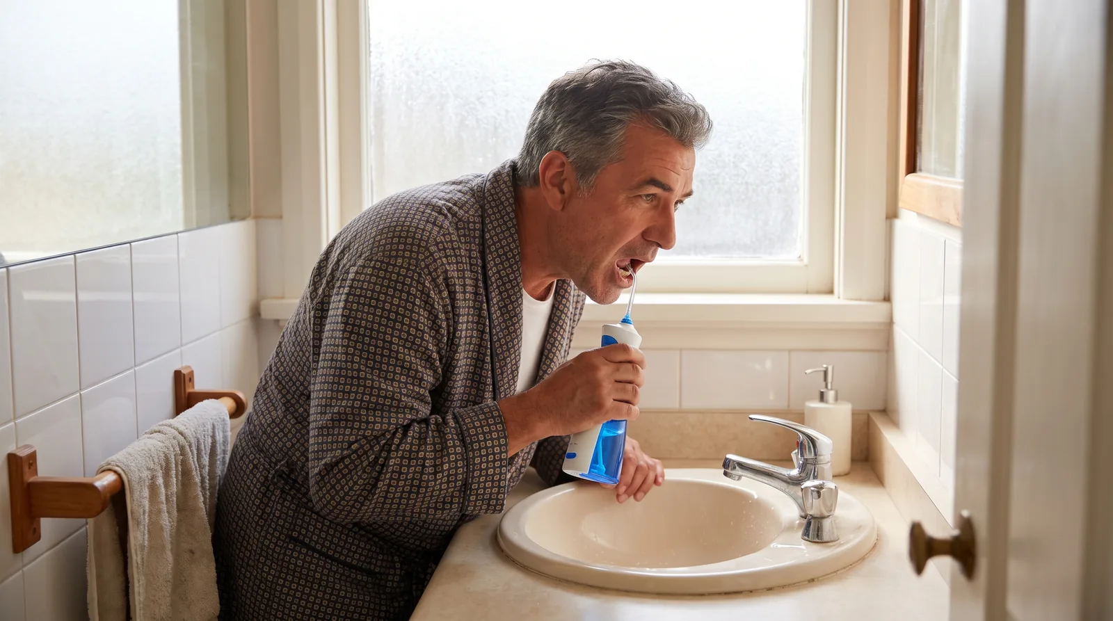 Patient using a water flosser to clean beneath a full-arch implant bridge at a bathroom sink