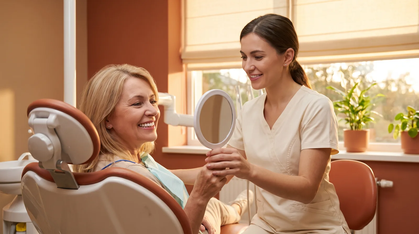 Dentist holding a mirror for a patient to see the try-in of a final full-arch bridge before manufacturing