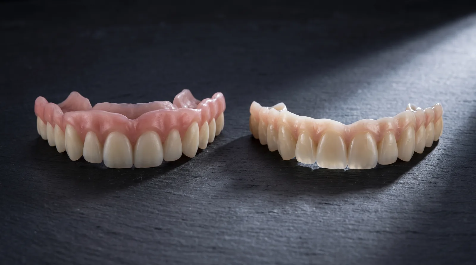Two full-arch bridges on a lab bench, an acrylic temporary beside a finished zirconia final, showing the difference in finish