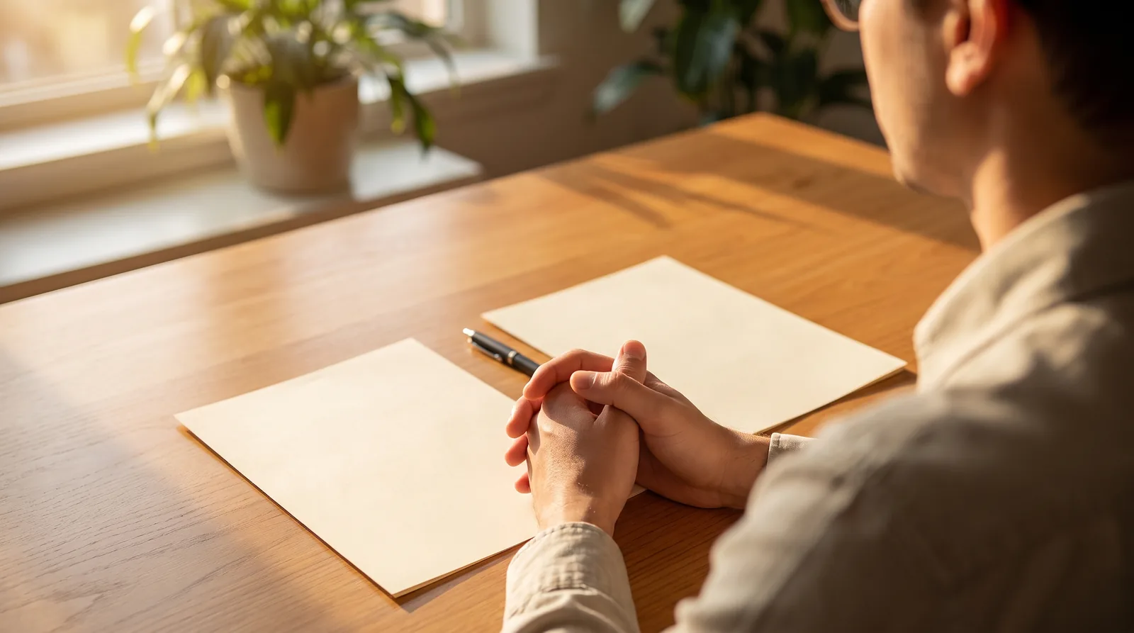 Patient reviewing two written treatment plans side by side at a consultation table with a treatment coordinator