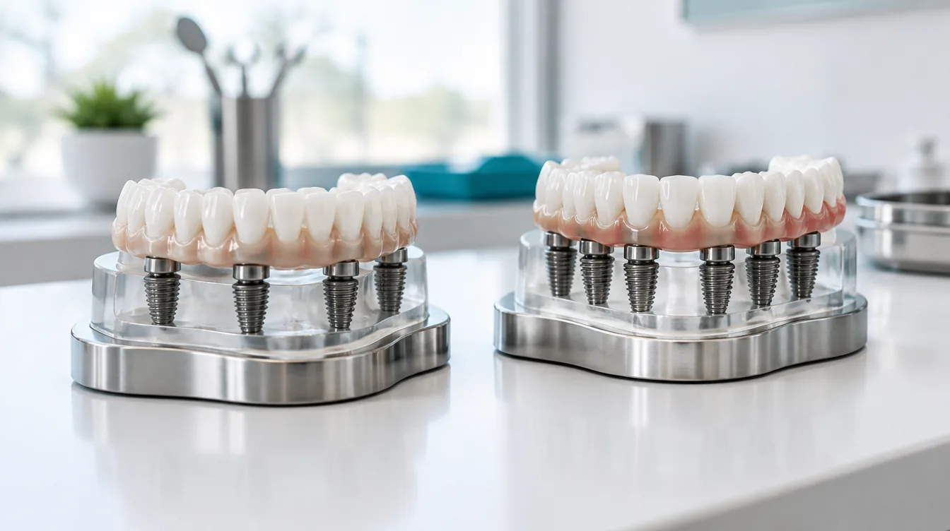 Dental model showing a full-arch bridge supported by four implants beside one supported by six