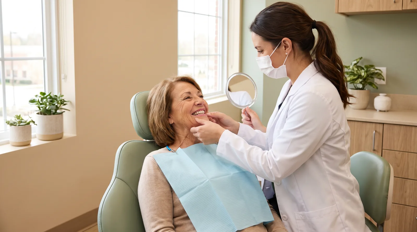 Patient with a new full-arch bridge smiling during a follow-up visit while the dentist checks the fit