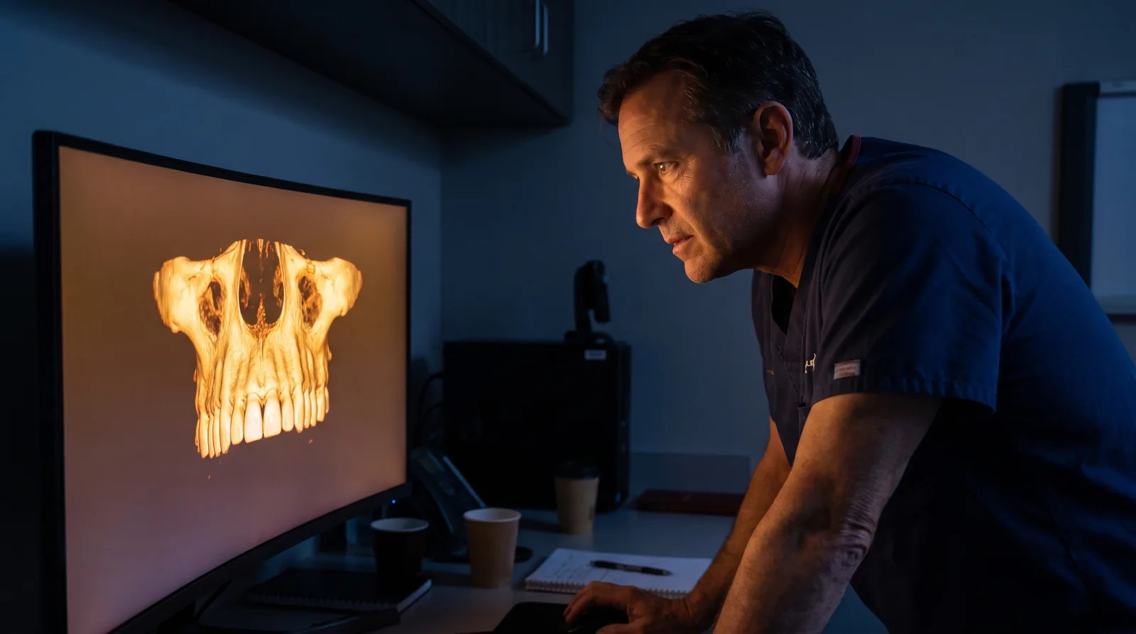 Oral surgeon reviewing a 3D cone-beam CT reconstruction of a patient's upper jaw on a large monitor