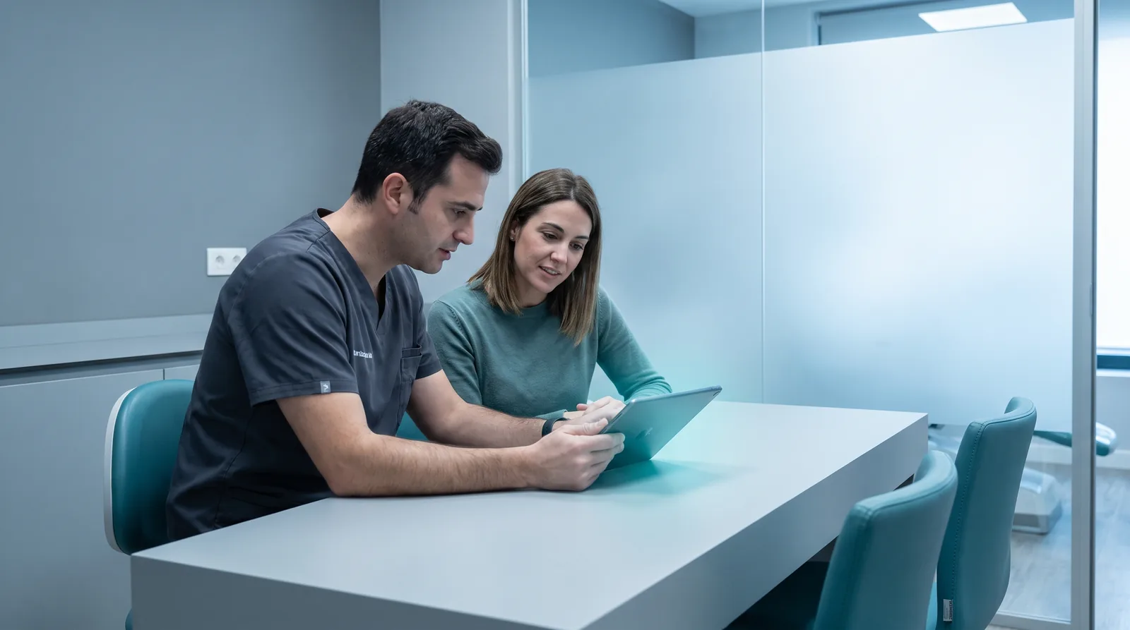 Dentist and patient reviewing a printed ten-year cost comparison on a tablet at a consultation desk