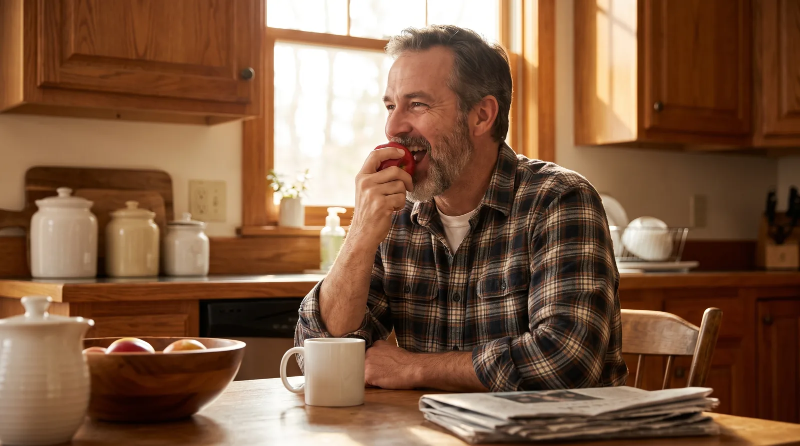 Middle-aged man biting into an apple at a kitchen table, smiling, with morning light through the window