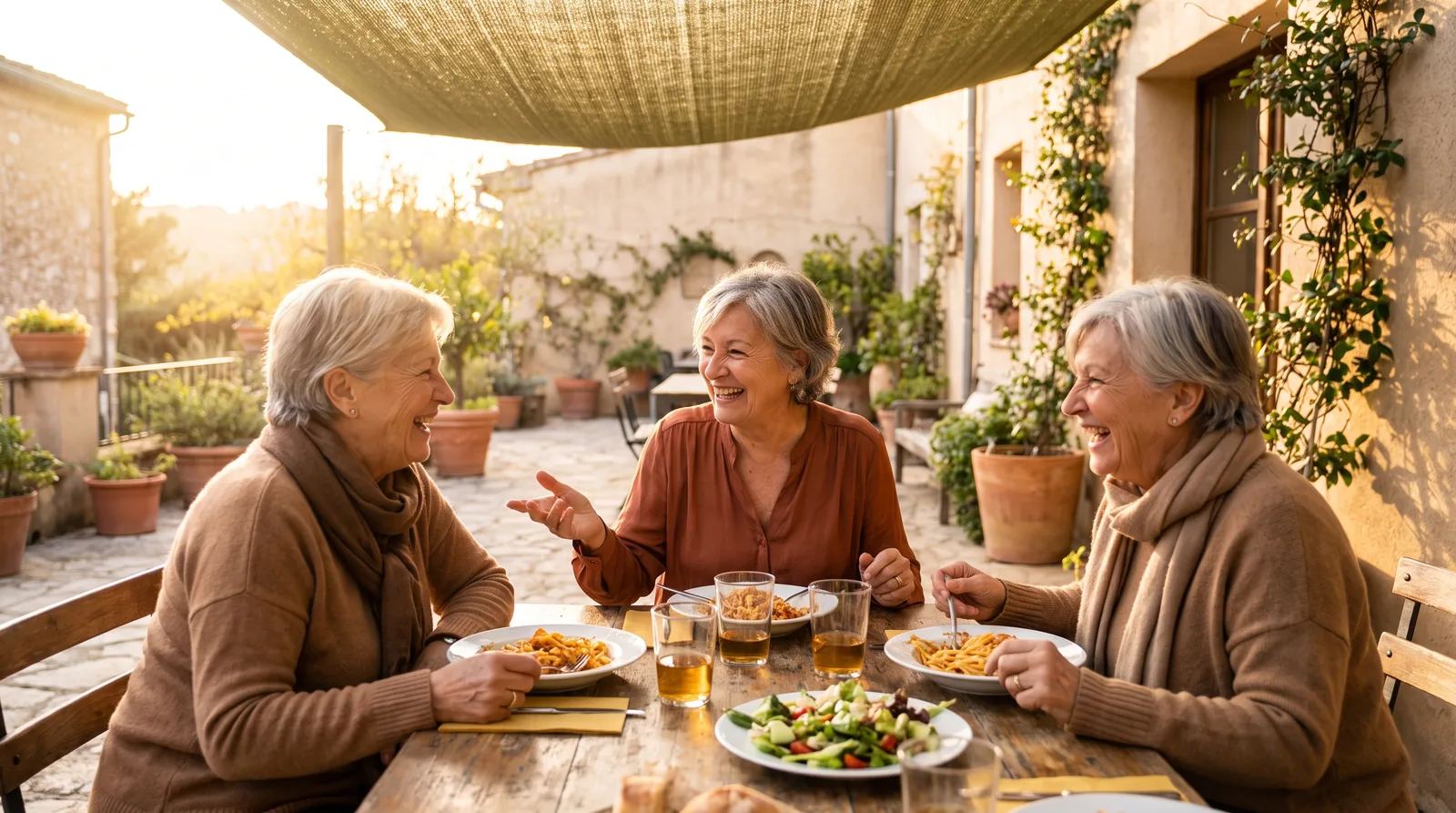 Older woman laughing with friends at an outdoor restaurant table, mid-conversation, plates of food in front of them