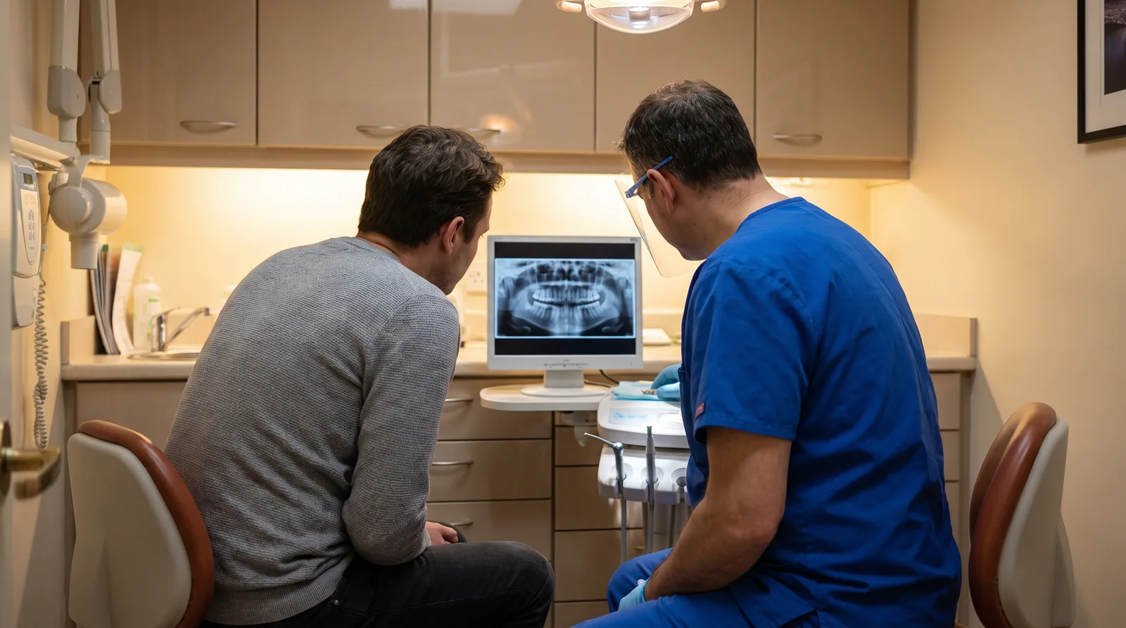 Patient and general dentist reviewing an X-ray on a small monitor in a compact operatory, warm neutral light