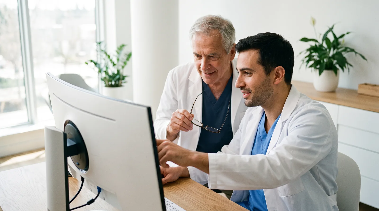Practice owner and new associate reviewing a full-arch case plan together on a monitor, screen turned away