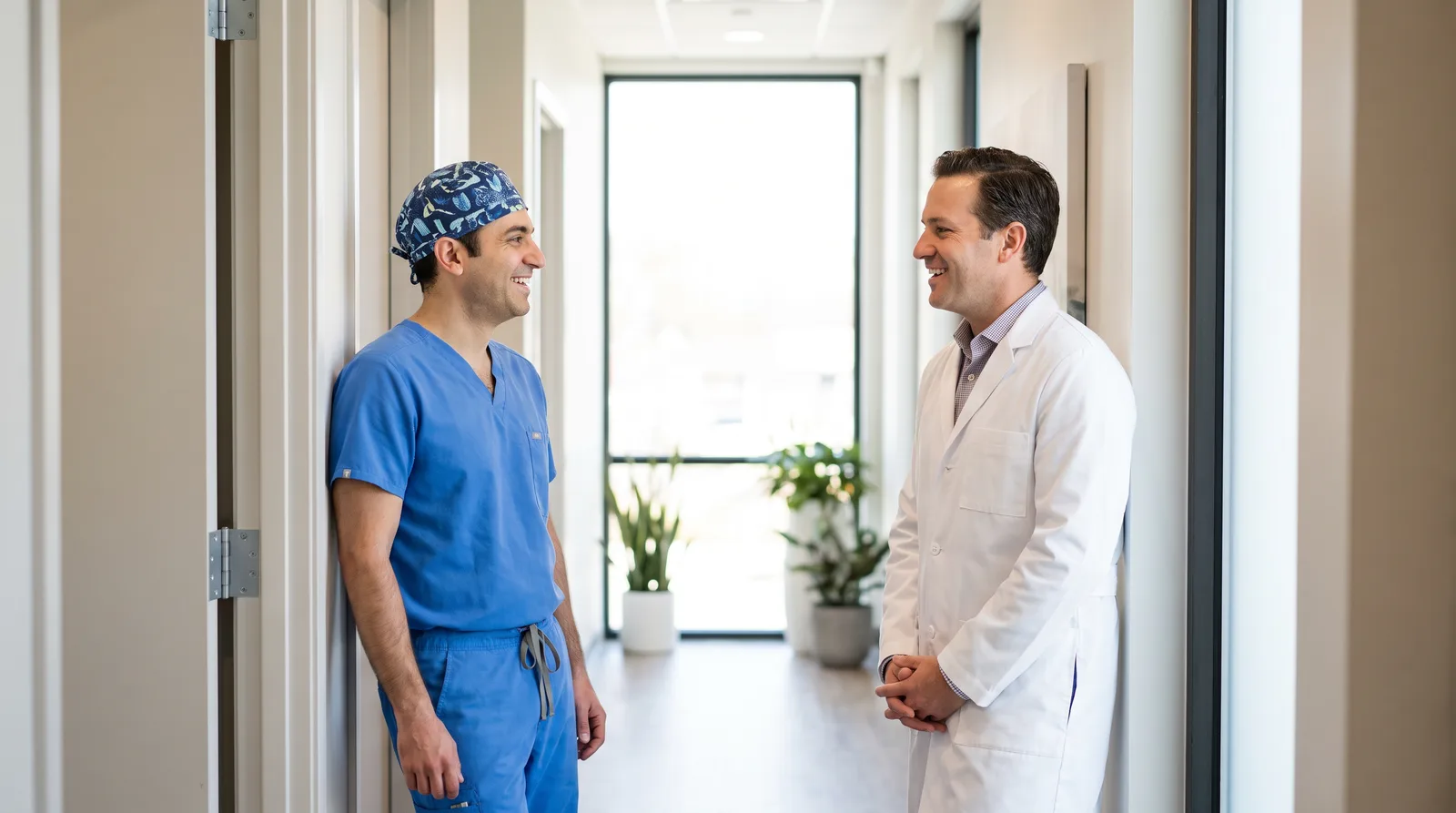 Two dentists in conversation in a practice hallway, one in surgical scrubs, natural light