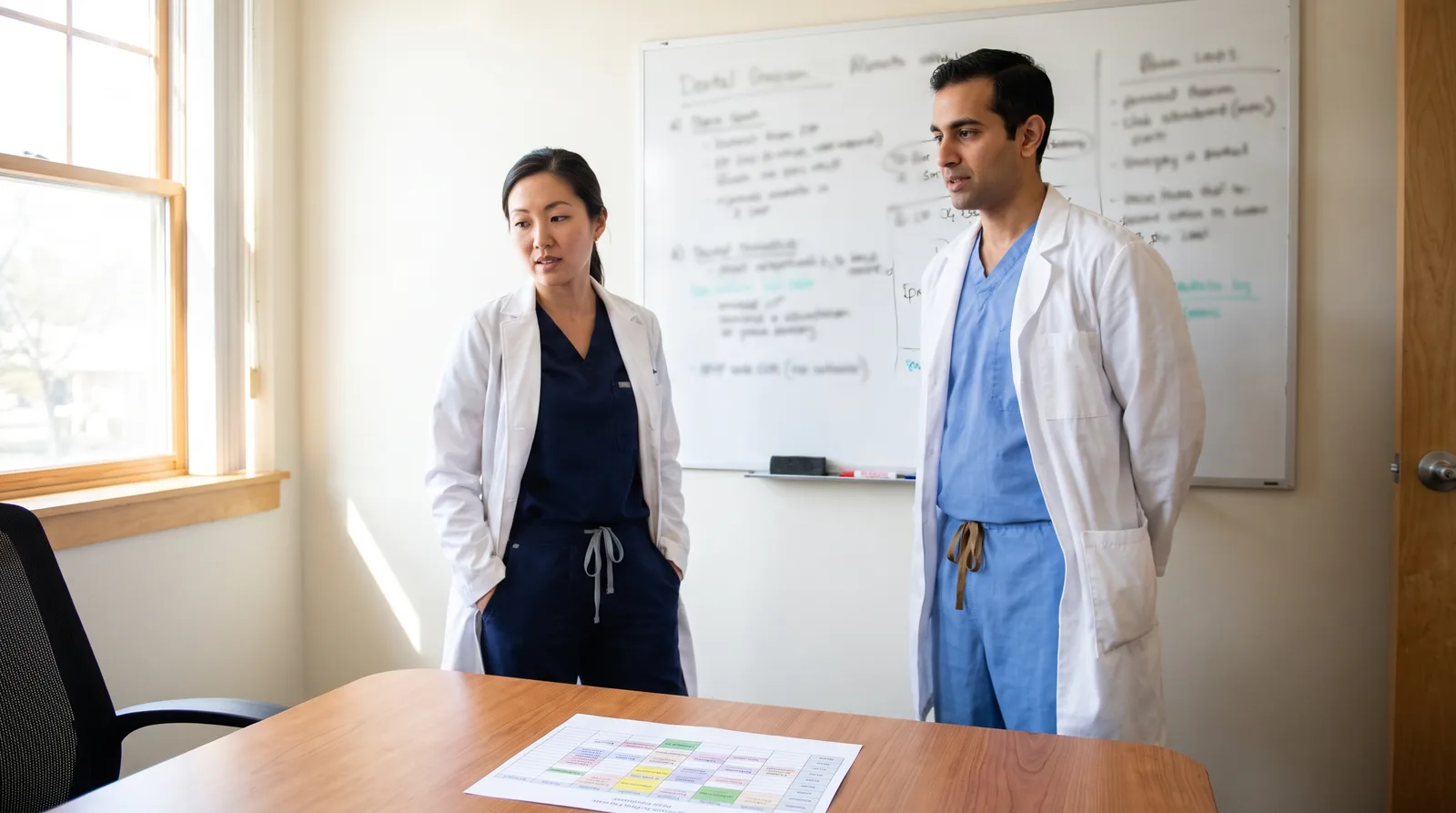Small conference room with two dentists reviewing a printed schedule and a case count on a whiteboard, text out of focus