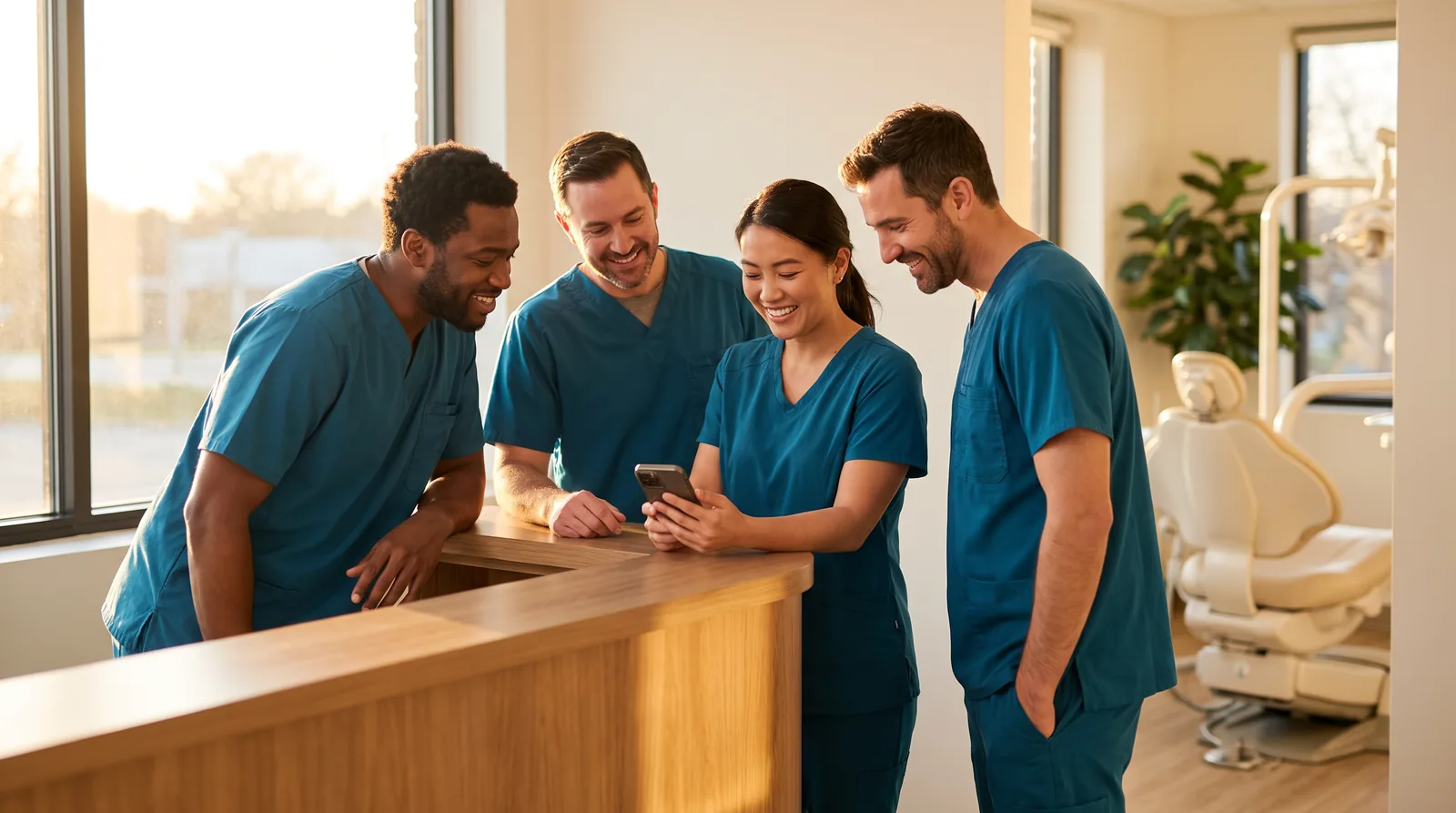Dental team of four in scrubs gathered around a phone at a front desk, phone screen angled away, all faces visible and relaxed, warm afternoon light