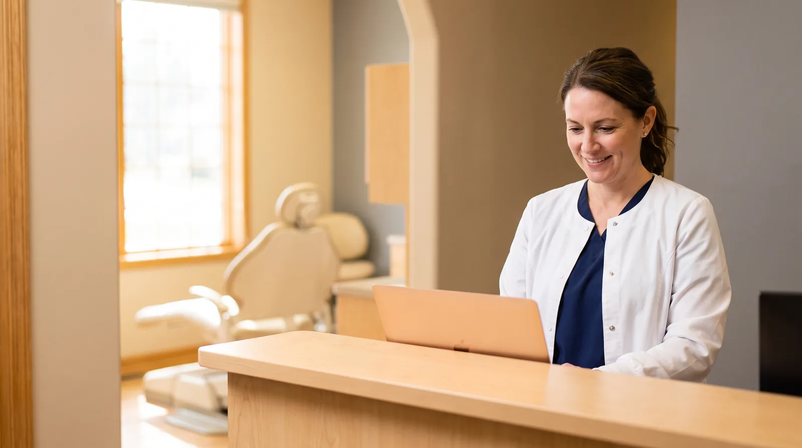 Practice owner in a white coat at a reception desk looking at a laptop, screen angled away showing only a glow, face in three-quarter profile, bright modern office