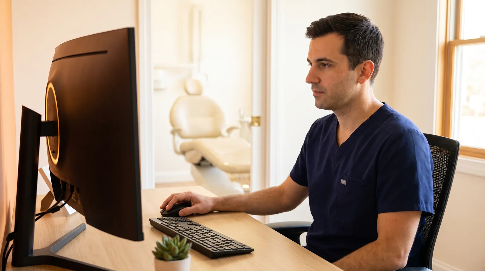 Office manager at a desk placing a square image onto a practice website on a desktop monitor, screen angled away showing only a glow, face in three-quarter profile, daylight office