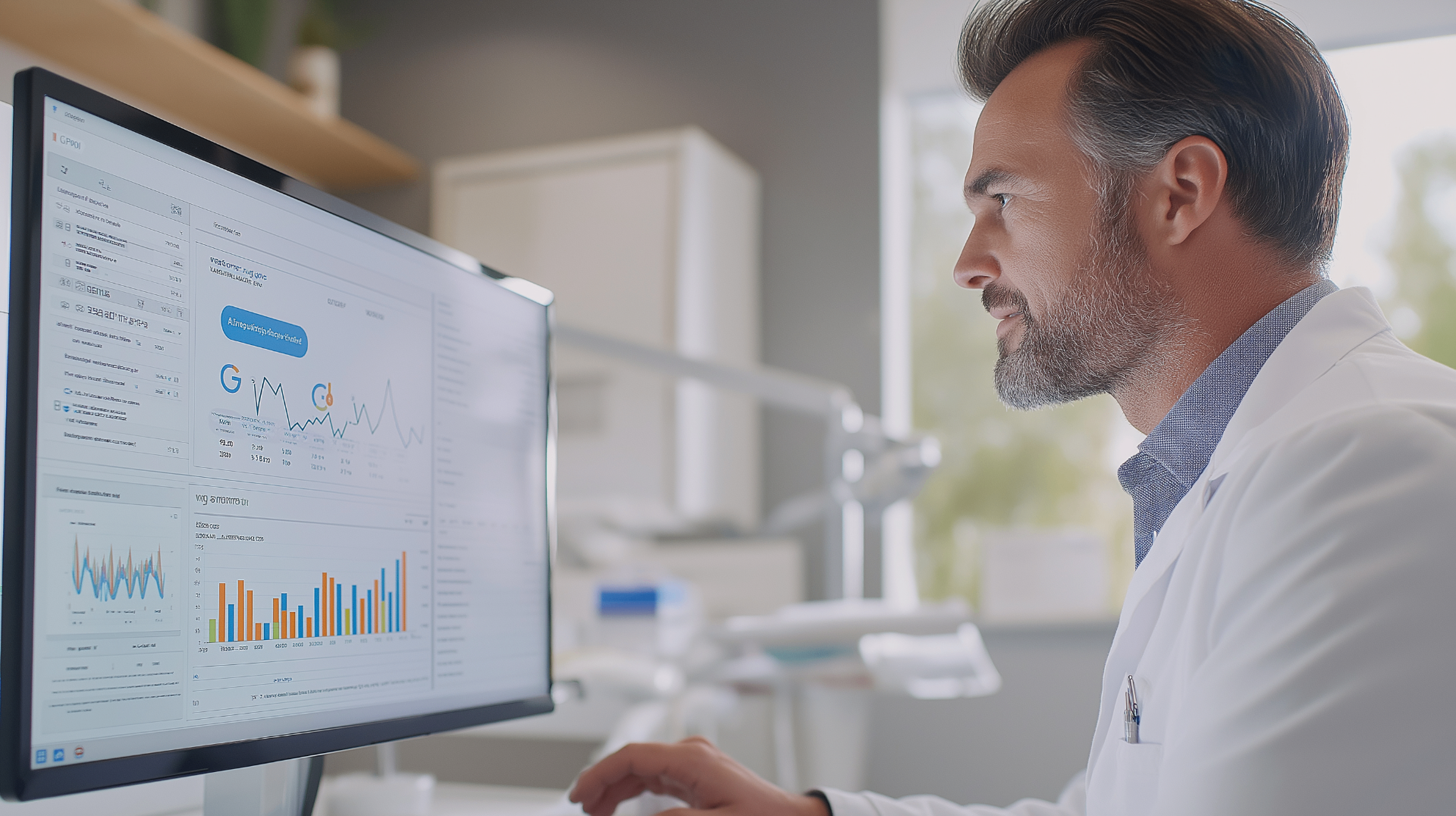 Dentist reviewing practice performance data and patient analytics on a monitor