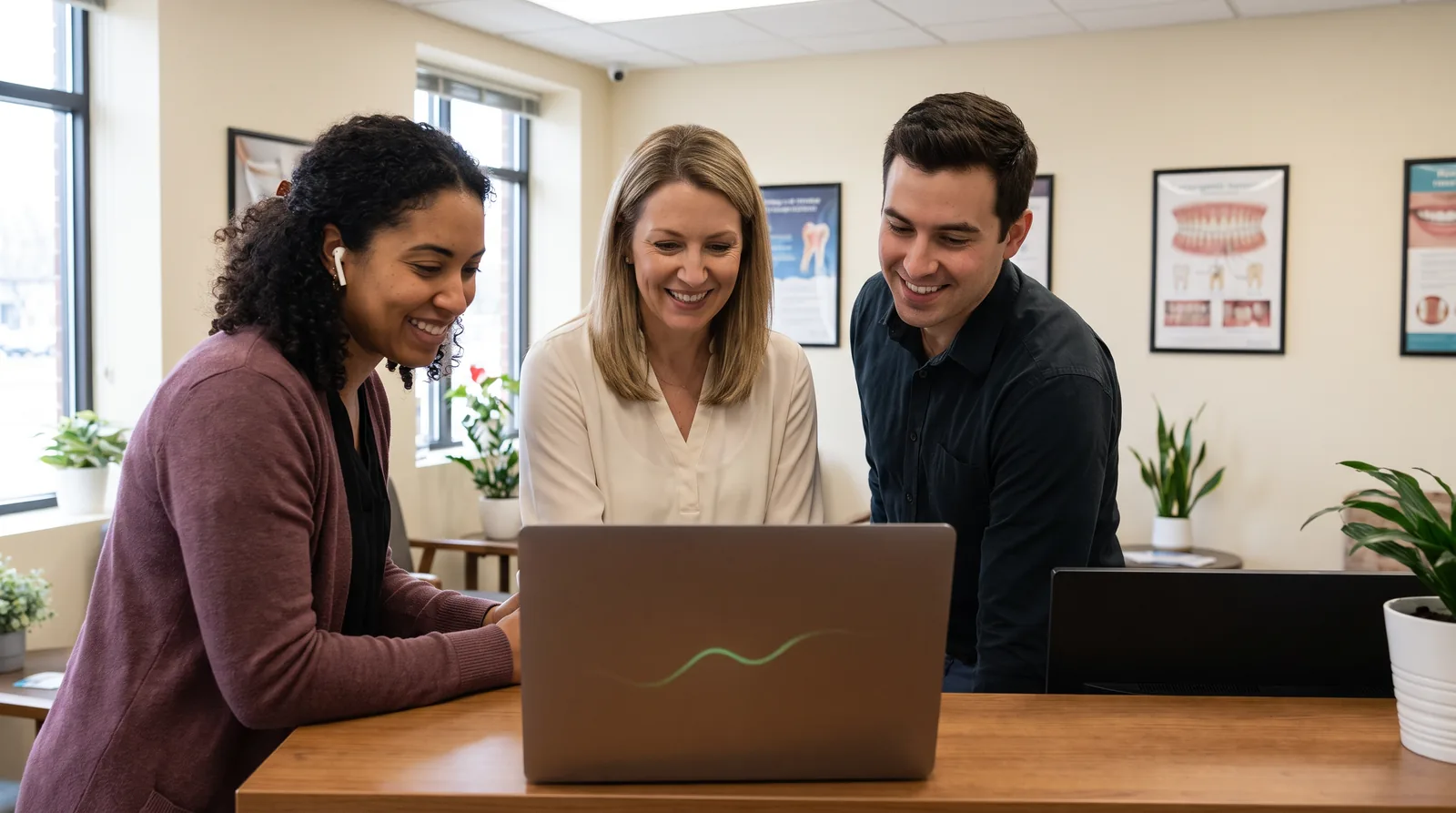 A practice manager and front desk team reviewing a scored call recording on a laptop during a short weekly meeting