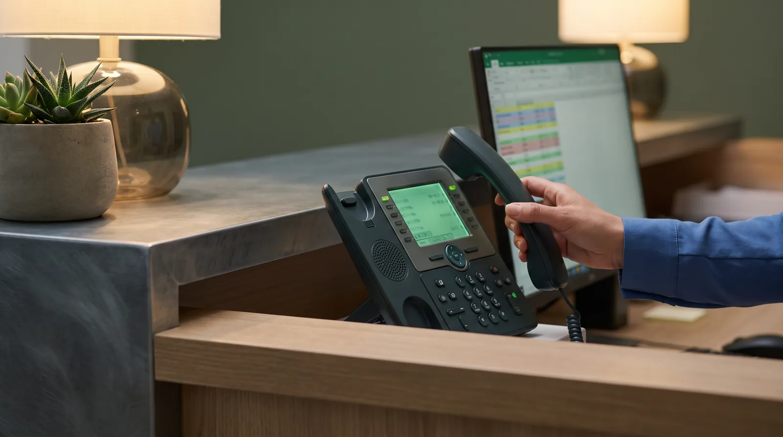 A front desk phone with a small screen showing the incoming call source labeled "Google Ads - all on 4 cost" beside a monitor with a call tracking dashboard