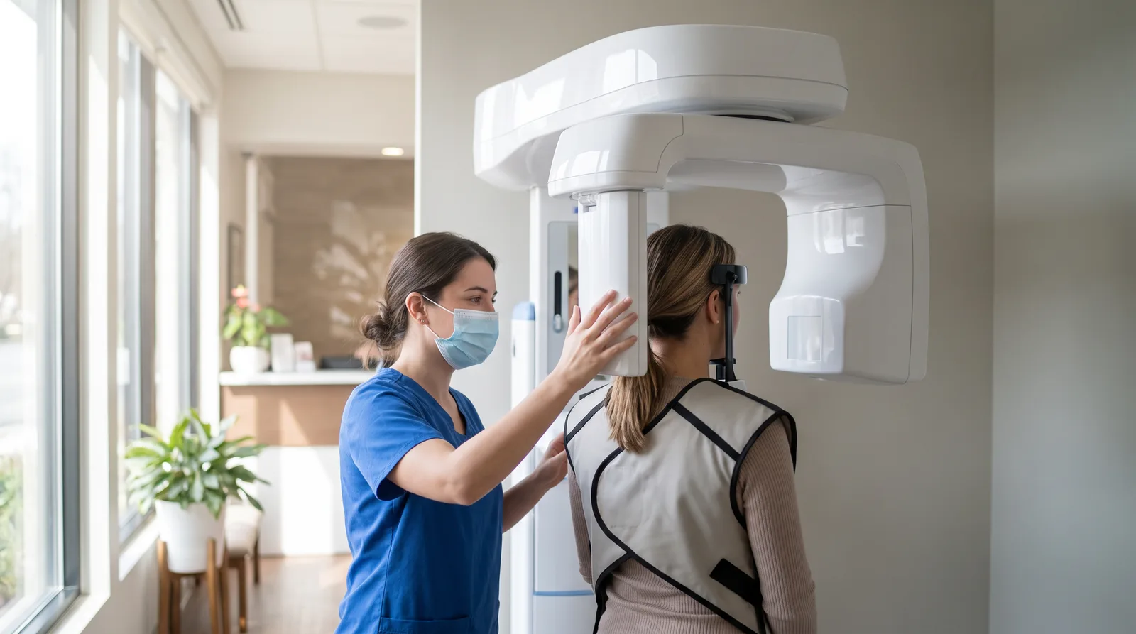 Dental assistant positioning a patient at a cone-beam CT scanner, calm clinical setting, patient facing away