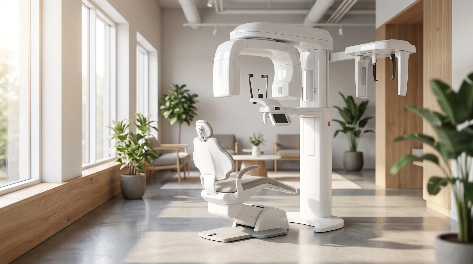 Cone-beam CT scanner in a bright dental imaging room, empty chair, morning light