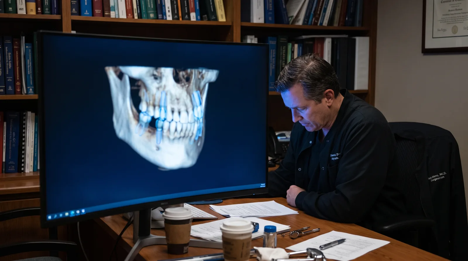 Surgeon reviewing a three-dimensional implant plan on a large monitor, interface panels blurred, dim planning room
