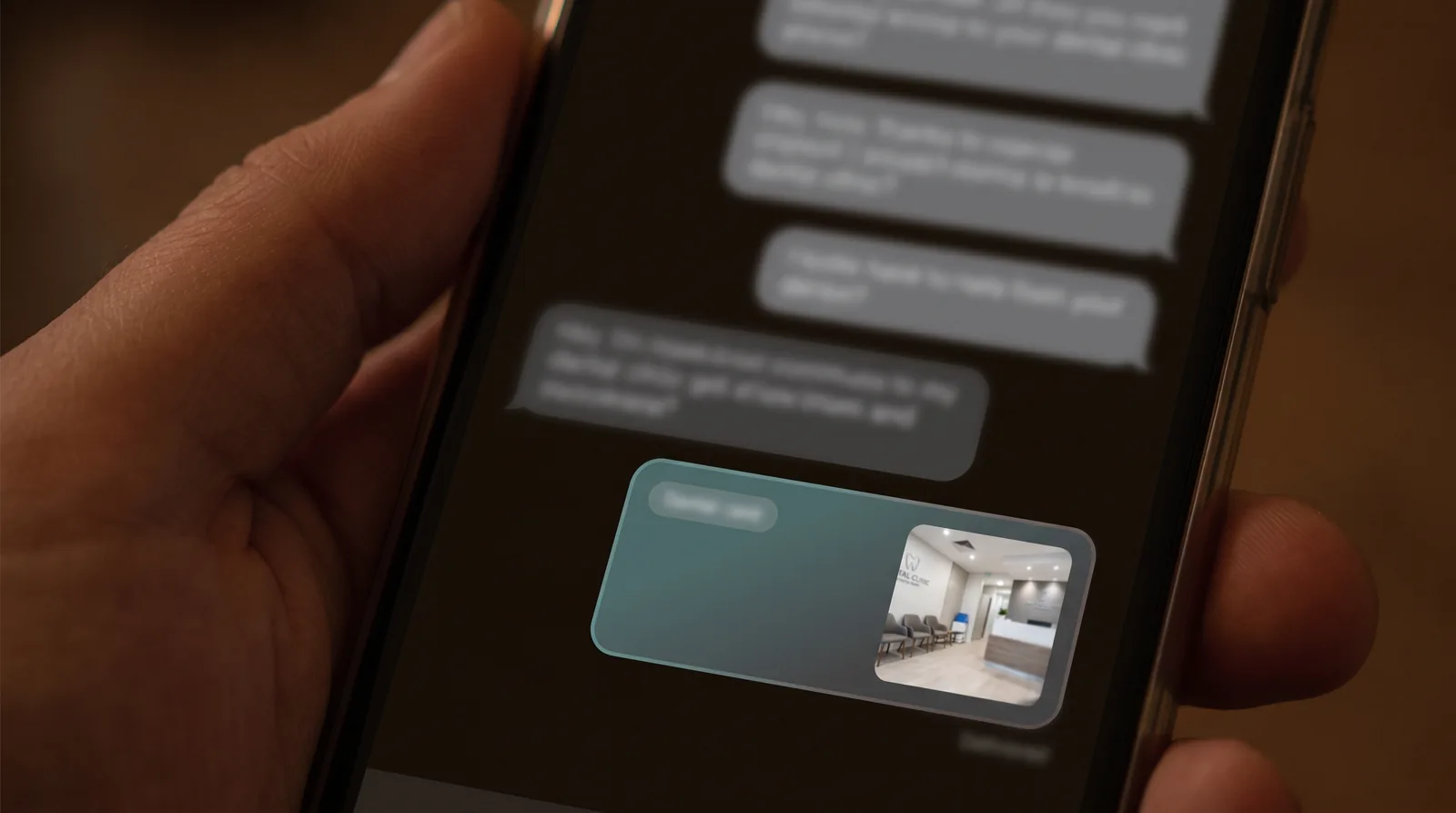 A phone showing a ChatGPT conversation about full-arch dental implants with a labeled sponsored result for a local implant practice beneath the answer