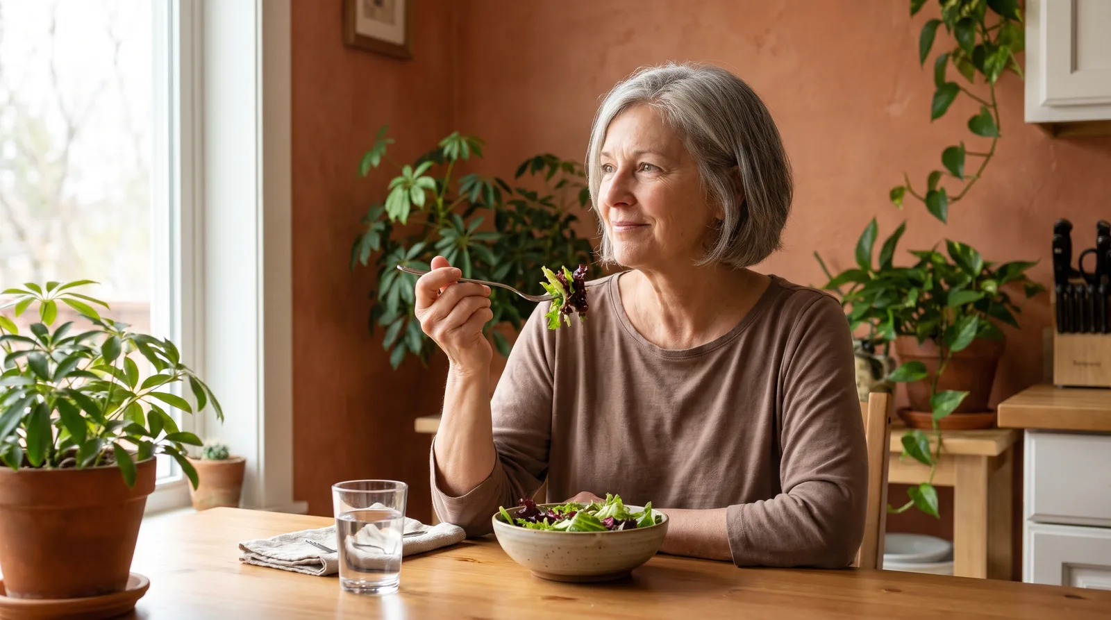 Older woman eating a salad with a fork at a bright kitchen table, unhurried, face visible and lit naturally