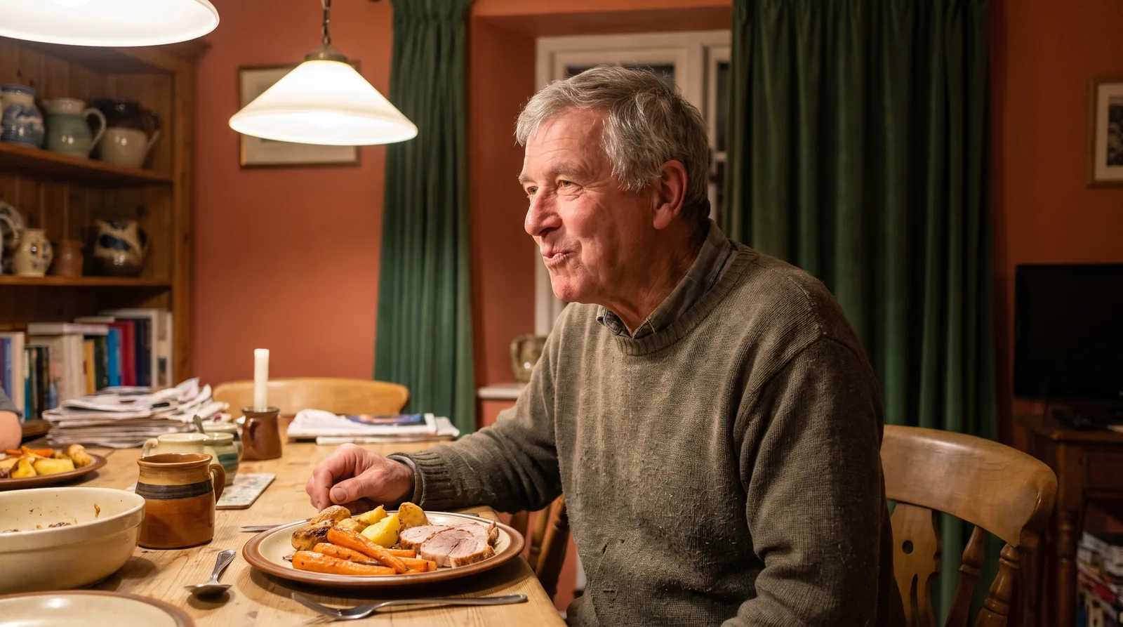 Close-up of an older man eating a meal at a dining table, mid-chew, relaxed, face clearly visible in three-quarter profile