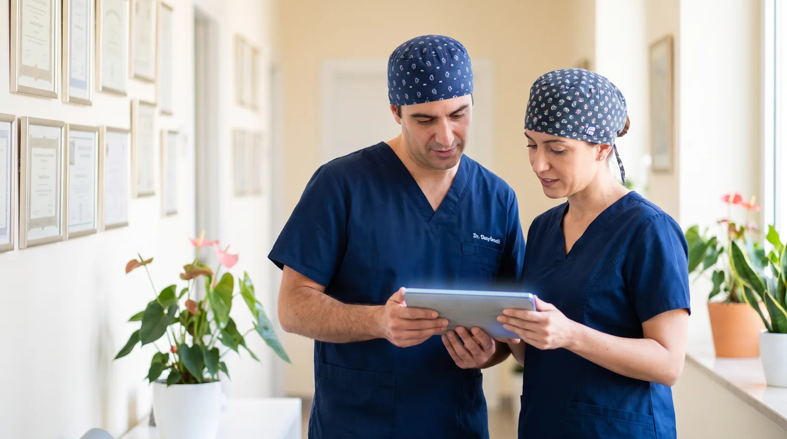 Oral surgeon and prosthodontist in surgical scrubs reviewing a full-arch case on a tablet together in a clinic hallway