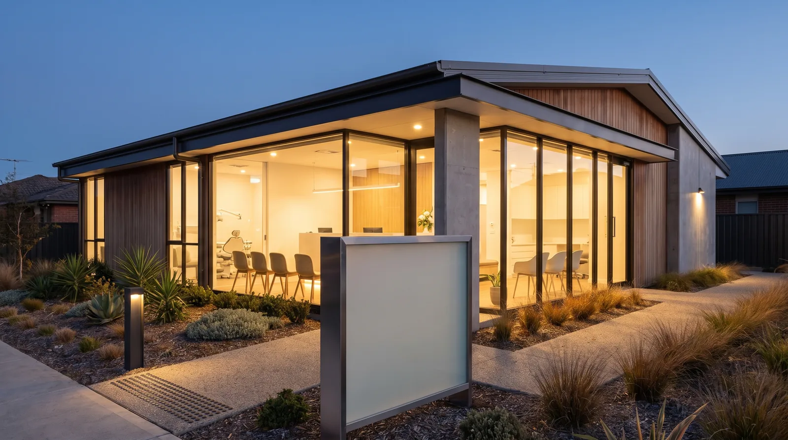 Exterior of a modern single-story dental implant center with large glass windows at dusk, no signage or text visible