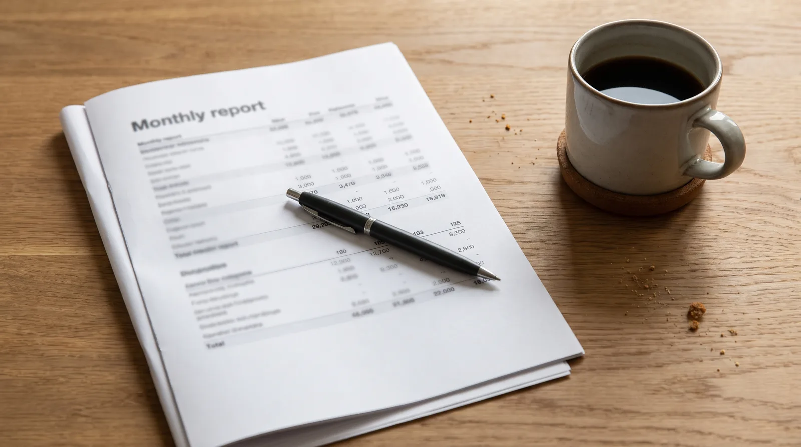 Simple monthly report on a desk with a pen, columns and numbers softly out of focus, coffee beside it