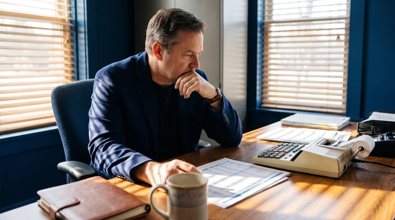 Practice owner at a desk with a calculator and a printed spreadsheet, numbers out of focus, morning light