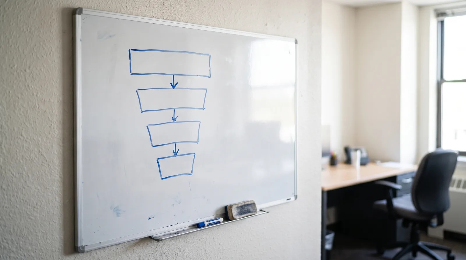 Whiteboard with a simple funnel diagram drawn in marker, boxes and arrows only, no readable labels