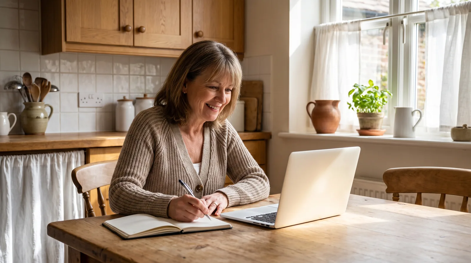 Patient using the Dental Implant Directory cost estimator on a laptop at a kitchen table with a notepad beside it