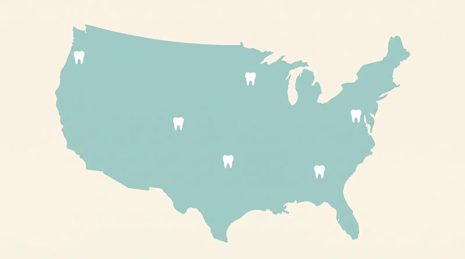 Stylized map of the United States on a light background with small tooth icons over several states, no labels or text