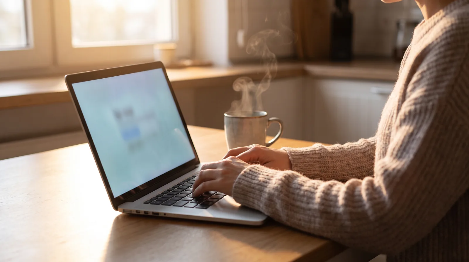 Person at a laptop looking up a dentist on a state licensing board website, screen showing only a blurred search page