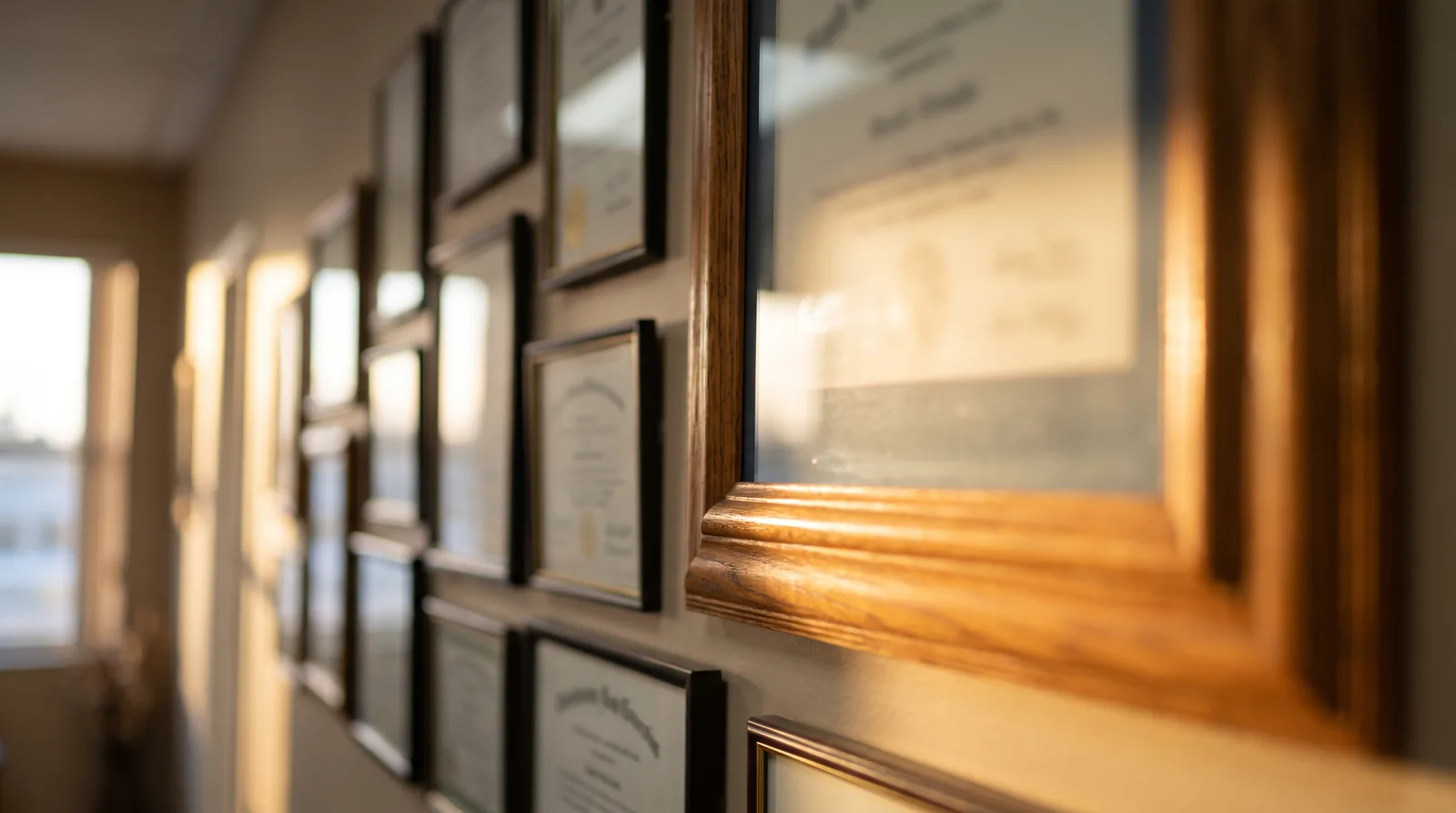 Framed dental credentials and certificates on a clinic wall, seen at an angle with soft light, text out of focus