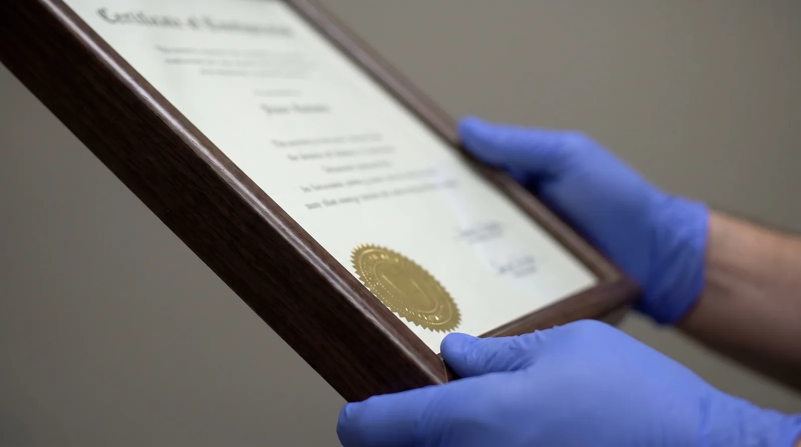 Close-up of a dentist's hands holding a framed certificate with an embossed seal, the wording out of focus