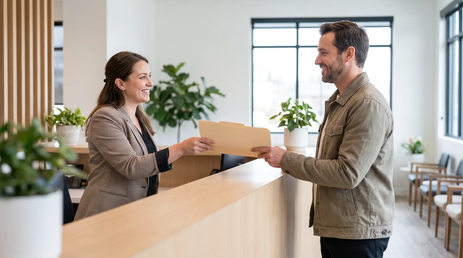 Treatment coordinator handing a patient a folder across a bright front desk, both smiling, folder closed