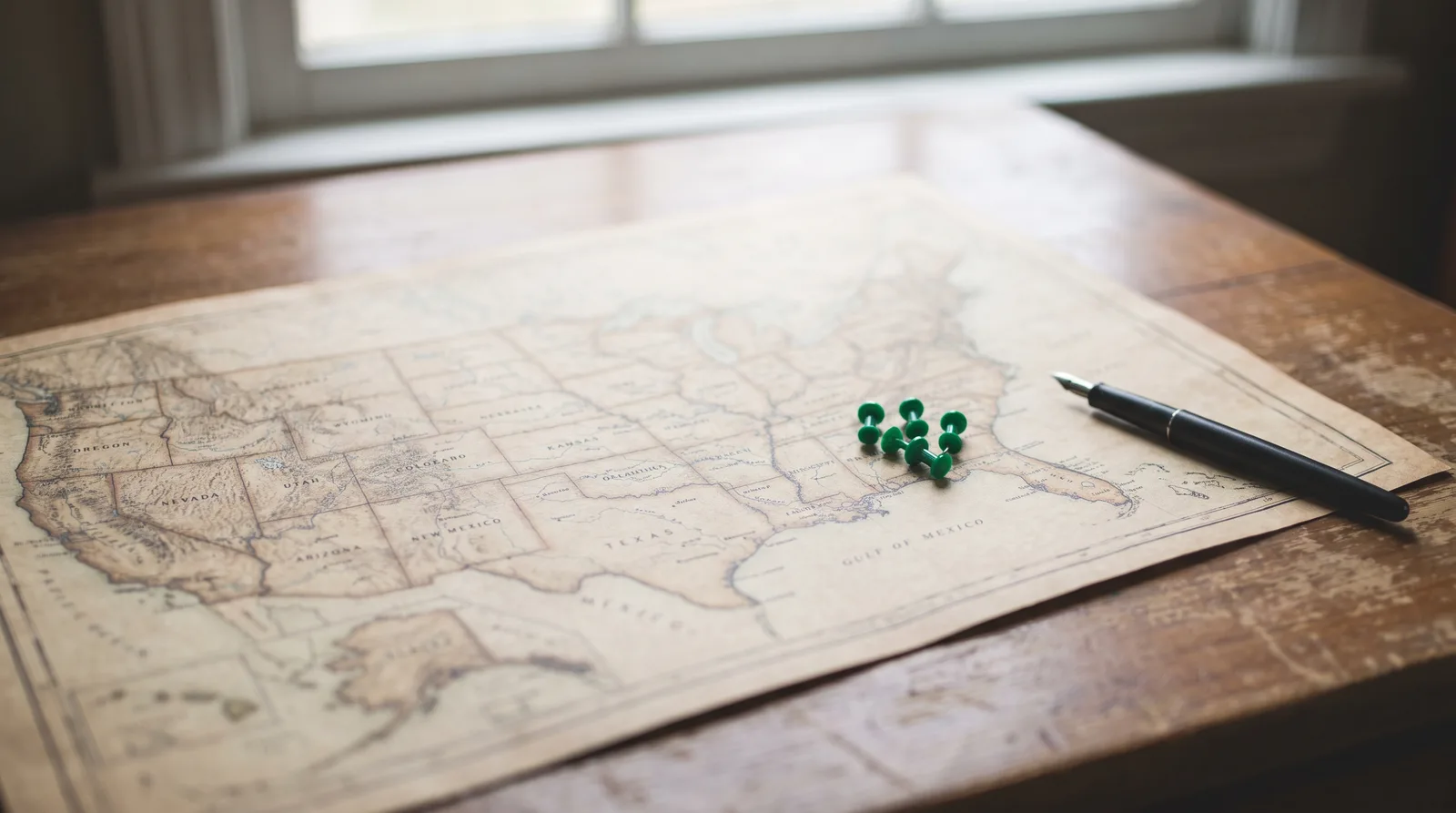 Map of the United States printed on paper with a few small green pins, a pen resting beside it, soft desk light