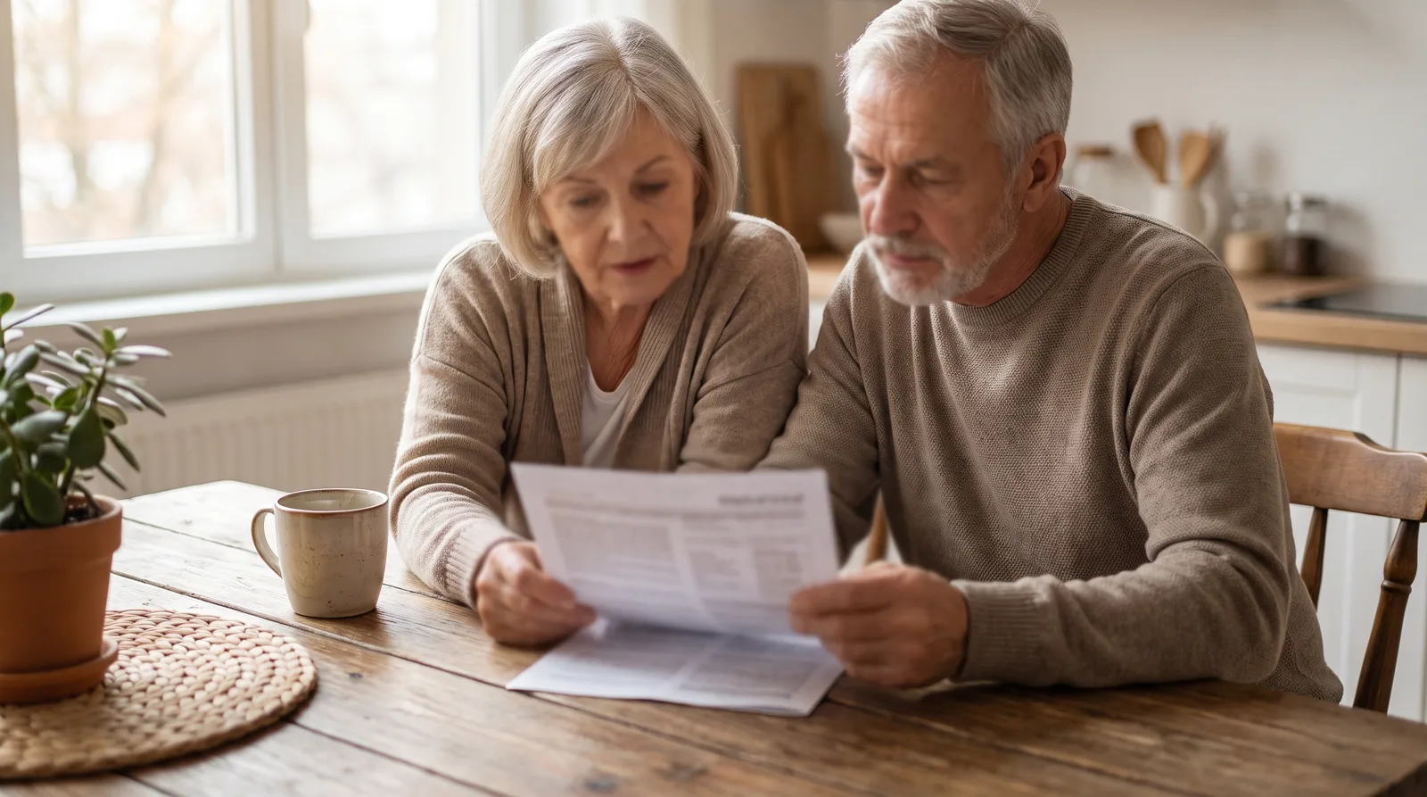 Older couple at a kitchen table reviewing a printed page together, the page out of focus, calm morning light