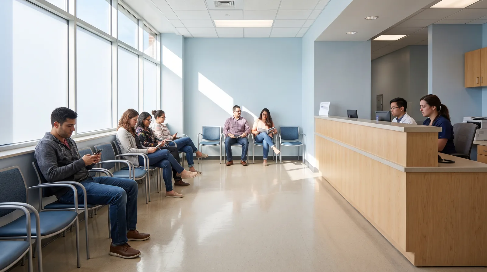 Dental school clinic waiting area with a reception desk and a few patients, bright and plain, no visible text