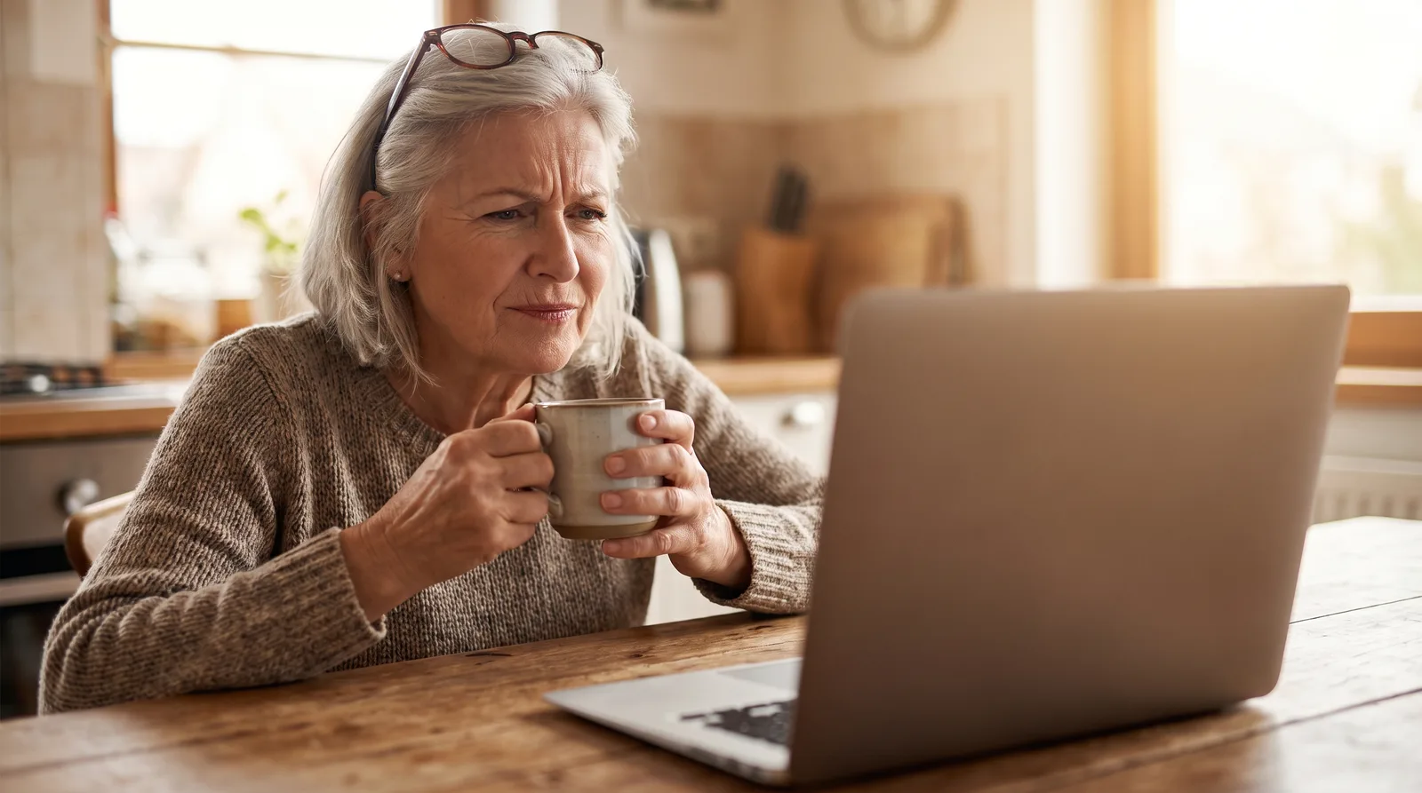Older woman at a kitchen table looking skeptically at a laptop screen, the screen turned away and out of focus