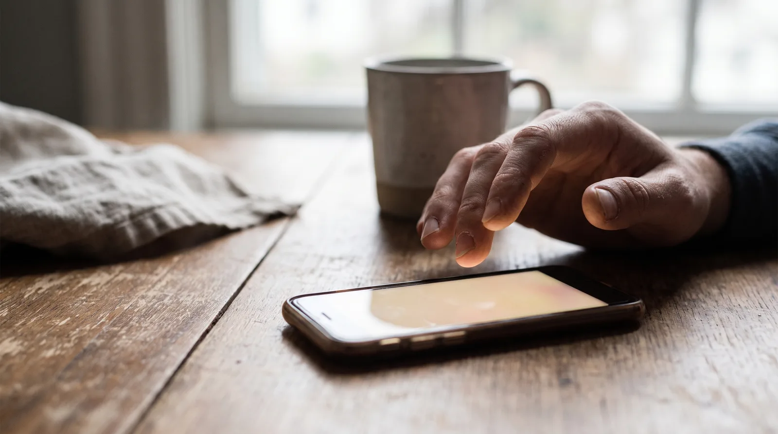 Close-up of a hand hovering over a phone showing an incoming call from an unknown number, blurred screen