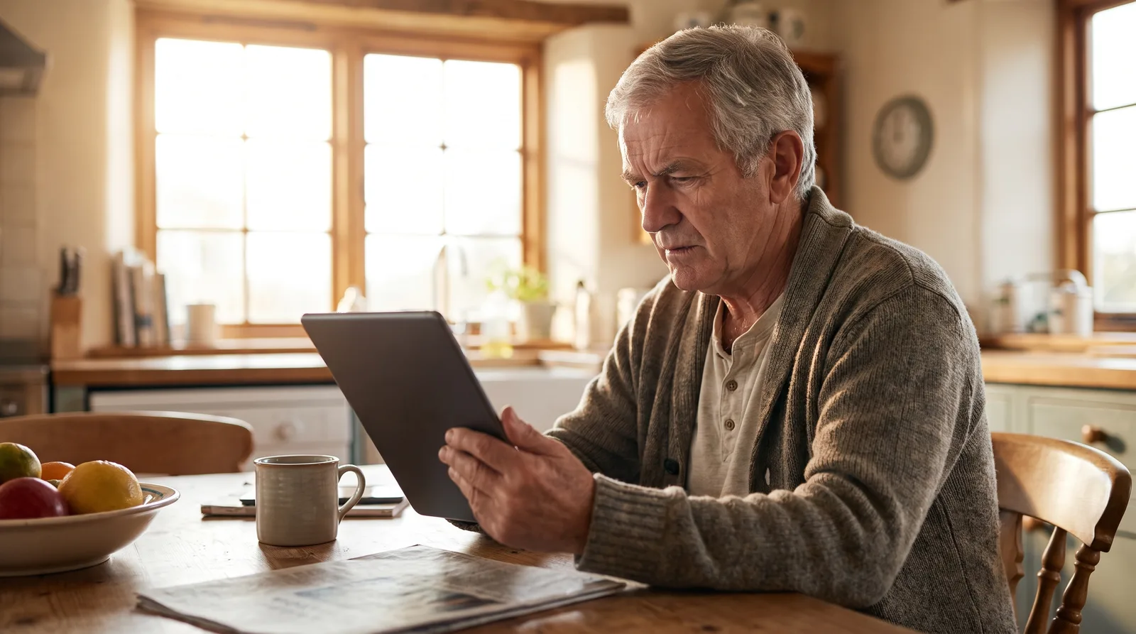 Older man at a kitchen table comparing two practice profiles on a tablet, screen angled away, morning light