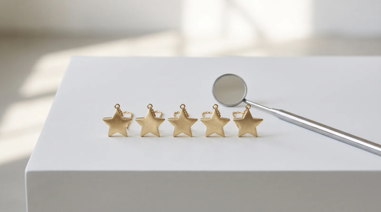 Row of five gold stars on a clean white surface with a dental mirror beside them, soft studio light