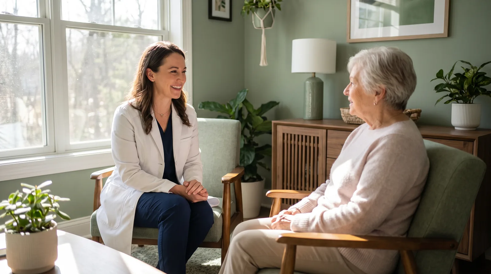 Periodontist and patient talking in a bright consultation room, both seated, relaxed, warm light