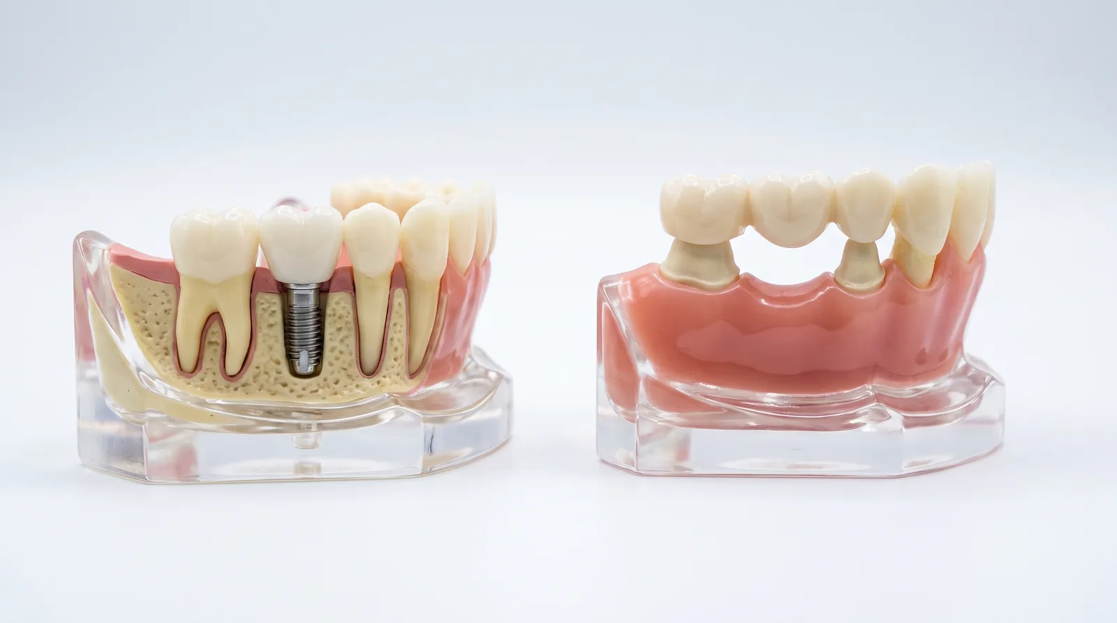 Two dental models side by side on a white surface, one showing a single implant crown and one showing a three-unit bridge