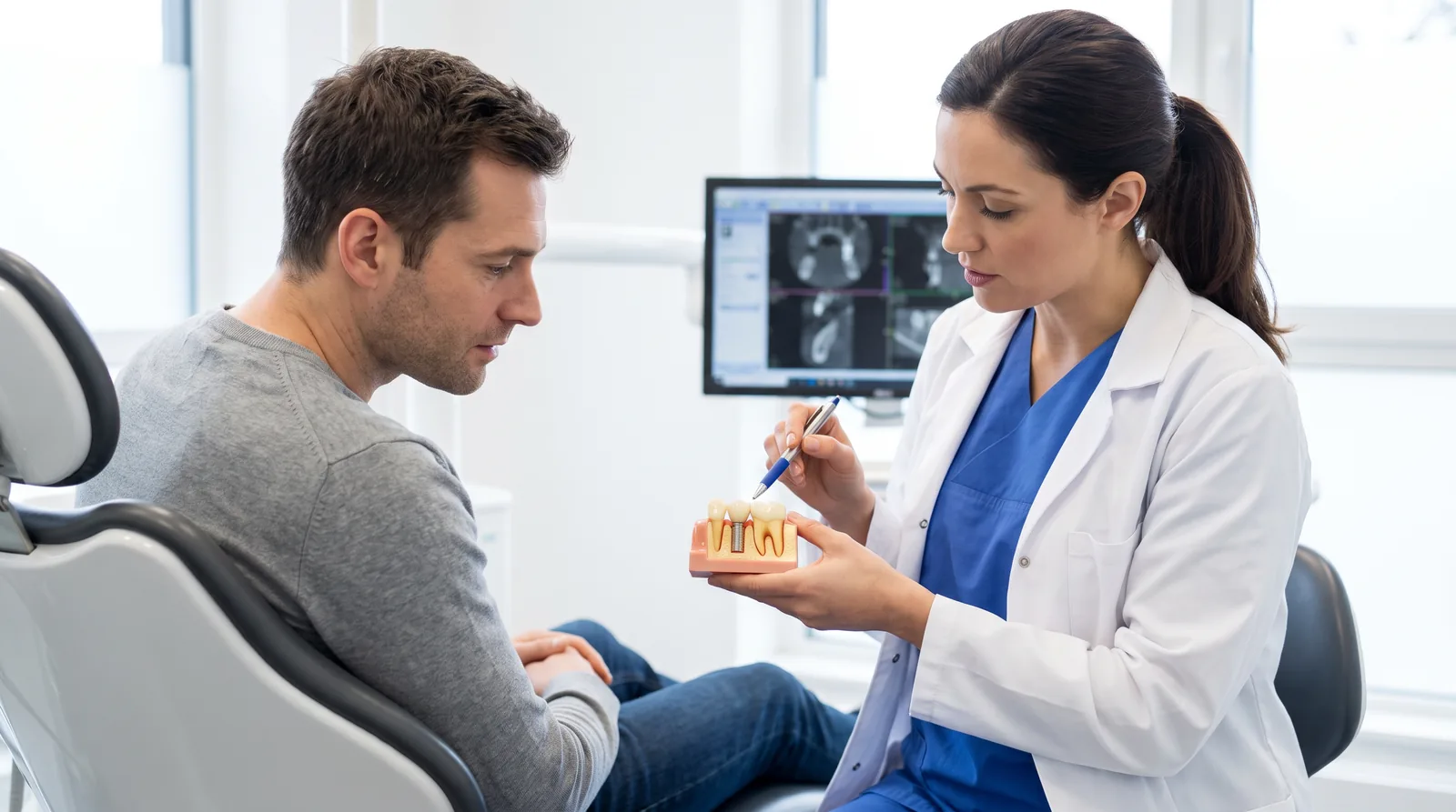 Dentist showing a patient a dental model of a three-unit bridge, pointing at the prepared anchor teeth