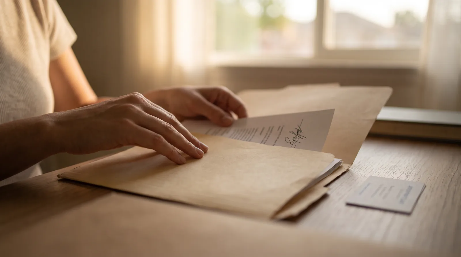 Patient filing a signed warranty document into a folder at home beside a dental appointment card