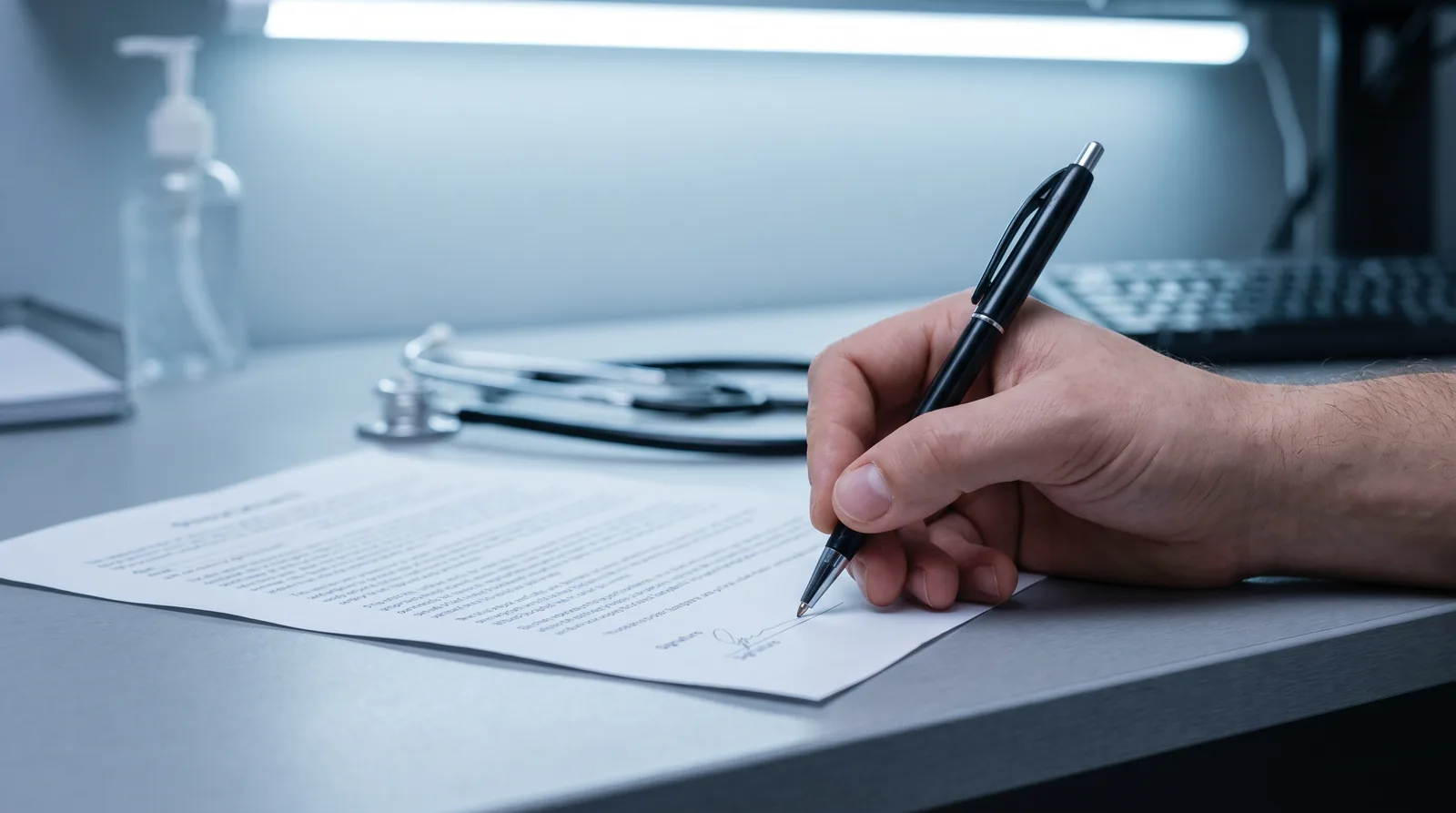 Close-up of a hand signing a printed agreement on a clinic desk with a pen, the text out of focus